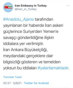 Tweet oleh Dubes Iran di Turki