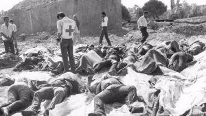 Sebuah file foto menunjukkan setelah pembantaian tahun 1982 ribuan warga sipil di kamp-kamp pengungsi Palestina Sabra dan Shatila.