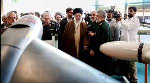 Imam Khamenei near a model of the Shahed-136 drone